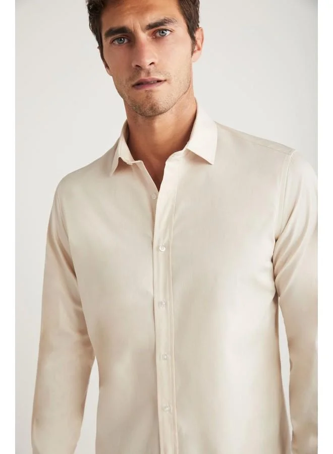 GRIMELANGE Carlsten Men's Slim Fit Italian Collar 100% Cotton Poplin Light Beige Shirt