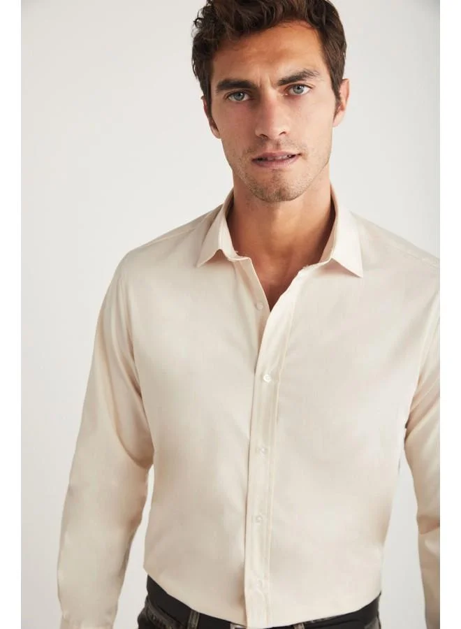 GRIMELANGE Carlsten Men's Slim Fit Italian Collar 100% Cotton Poplin Light Beige Shirt