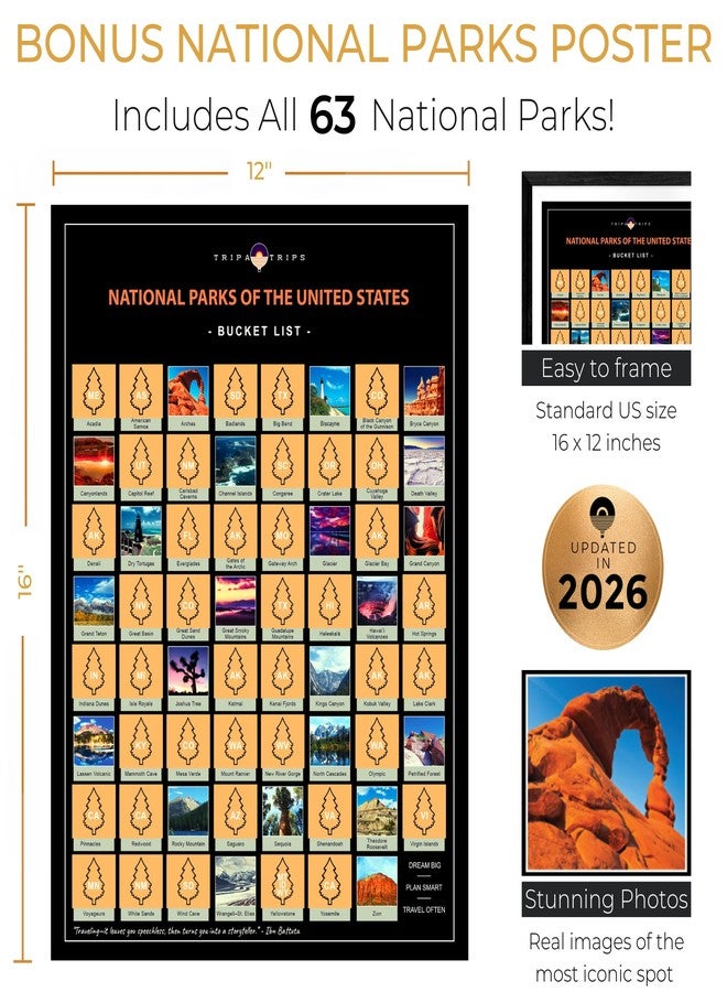 TRIPA TRIPS Large Scratch Off USA Map with All 63 National Parks, 50 Landmarks & State Flags - 24x17 United States Travel Tracker Poster - Detailed Scratchable US Map Wall Decor with Tools - Gift for Travelers - Image 4