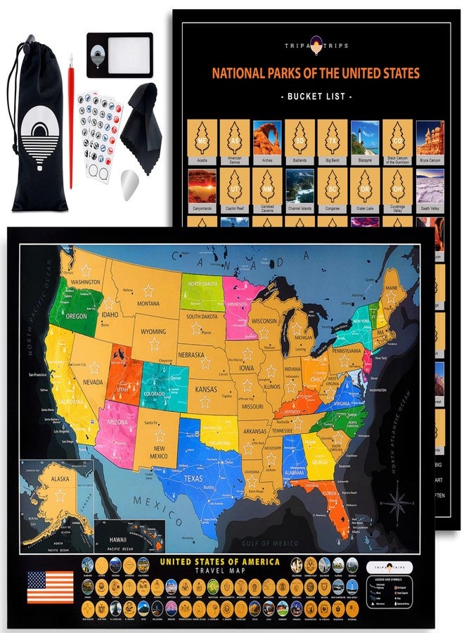 TRIPA TRIPS Large Scratch Off USA Map with All 63 National Parks, 50 Landmarks & State Flags - 24x17 United States Travel Tracker Poster - Detailed Scratchable US Map Wall Decor with Tools - Gift for Travelers - Image 1