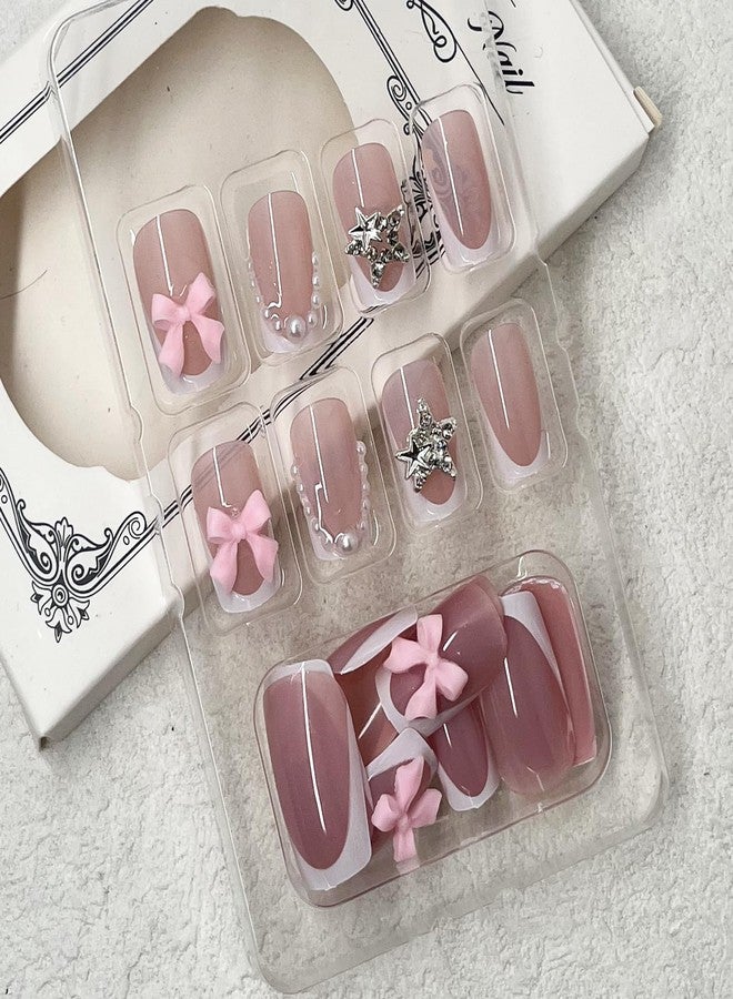 Jremg White French Tip Press on Nails Medium Square Fake Nails with Pink Bow Pearl Charm Design Silver Star Rhinestone Acrylic Nails False Nails Glossy Reusable Nude Glue on Nails for Women 24Pcs - Image 5