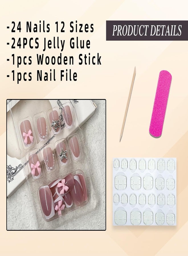 Jremg White French Tip Press on Nails Medium Square Fake Nails with Pink Bow Pearl Charm Design Silver Star Rhinestone Acrylic Nails False Nails Glossy Reusable Nude Glue on Nails for Women 24Pcs - Image 2