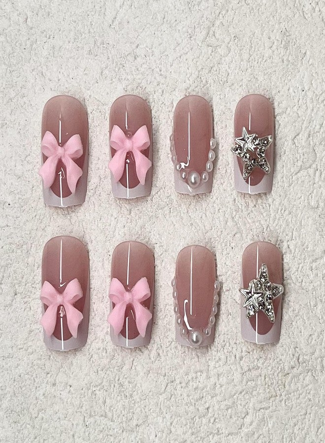Jremg White French Tip Press on Nails Medium Square Fake Nails with Pink Bow Pearl Charm Design Silver Star Rhinestone Acrylic Nails False Nails Glossy Reusable Nude Glue on Nails for Women 24Pcs - Image 3
