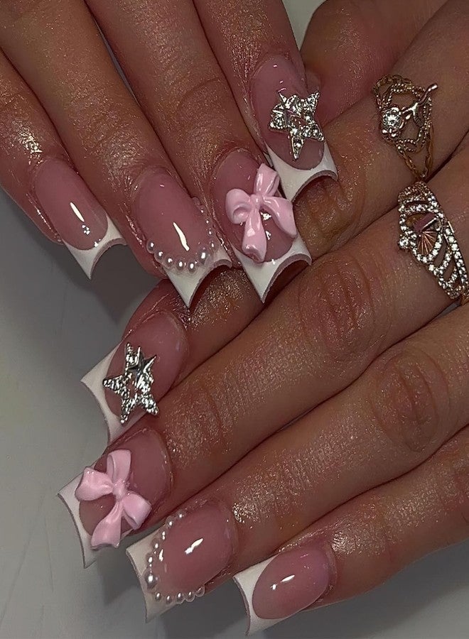 Jremg White French Tip Press on Nails Medium Square Fake Nails with Pink Bow Pearl Charm Design Silver Star Rhinestone Acrylic Nails False Nails Glossy Reusable Nude Glue on Nails for Women 24Pcs - Image 1
