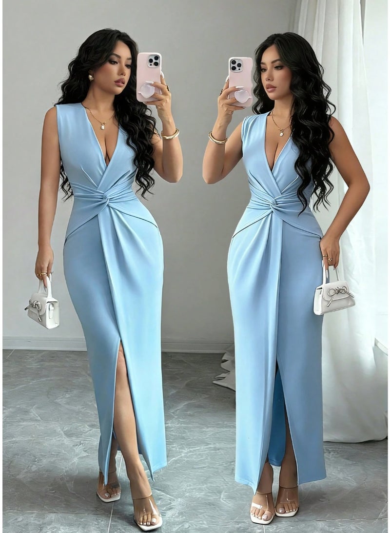 Shein Elegant Party Light Blue Summer Women Dress,V-Neck Twisted Waist Sleeveless Split Hip Birthday Gathering Dinner Date Vacation Temperament Dress - Image 3