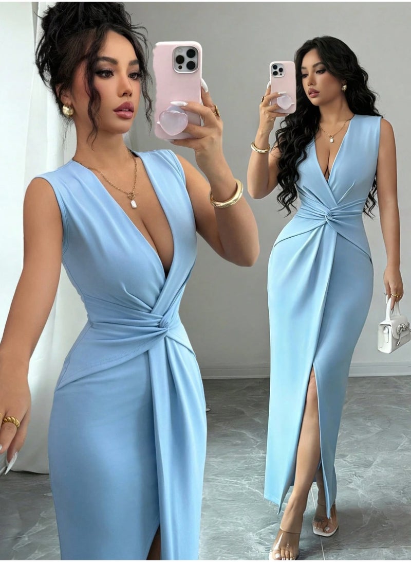 Shein Elegant Party Light Blue Summer Women Dress,V-Neck Twisted Waist Sleeveless Split Hip Birthday Gathering Dinner Date Vacation Temperament Dress - Image 1