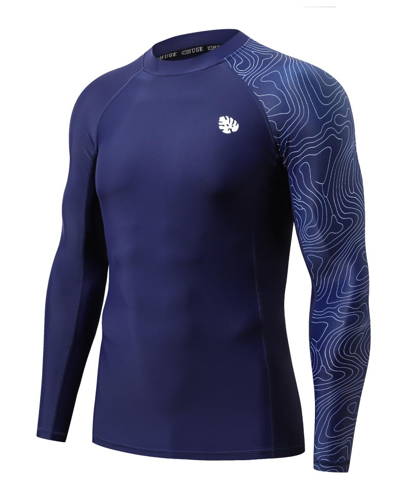 HUGE SPORTS Mens Rash Guard Long Sleeves UPF 50 UV Sun Protection Quick Drying Splice Compression Swim Shirts Patriot Blue