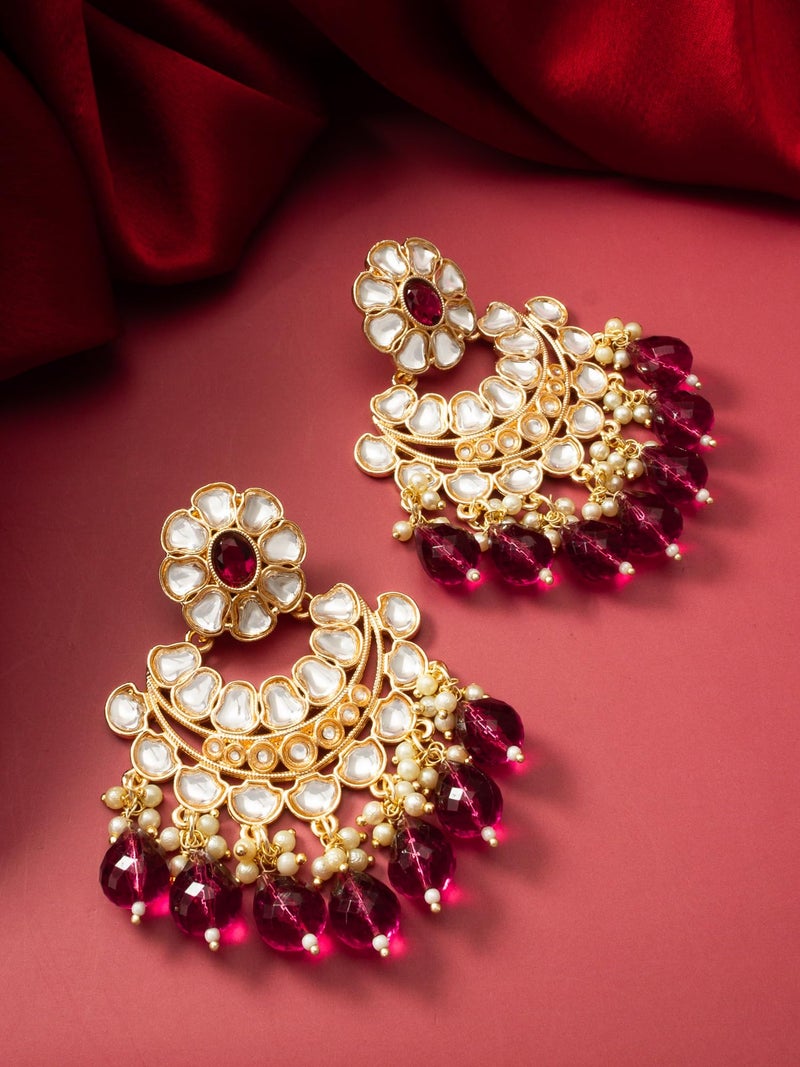 BEVOGUE Stylish Silver Kundan Earrings for Women | Gold-Plated Earring Jewelery (Maroon) - Image 2