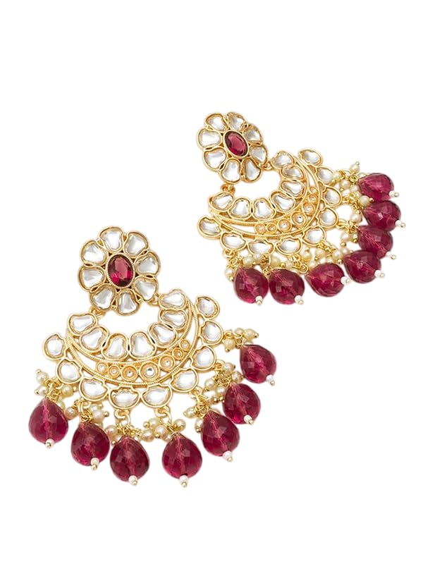 BEVOGUE Stylish Silver Kundan Earrings for Women | Gold-Plated Earring Jewelery (Maroon) - Image 5