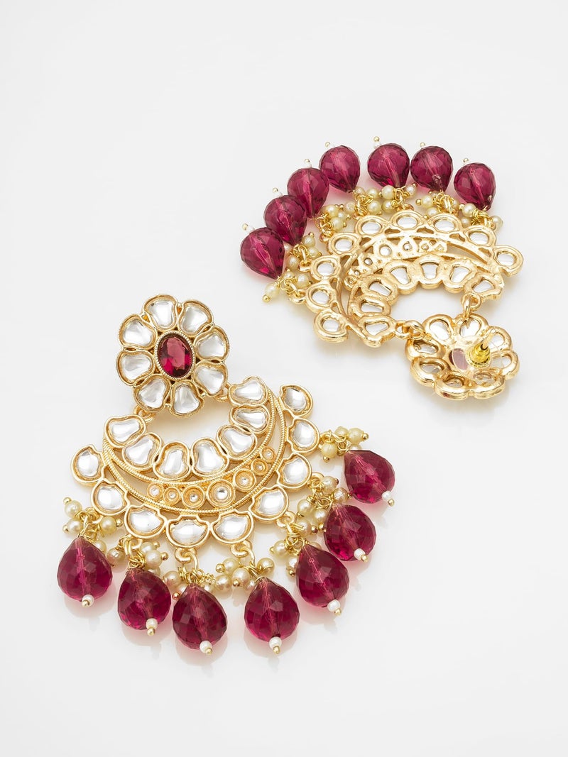 BEVOGUE Stylish Silver Kundan Earrings for Women | Gold-Plated Earring Jewelery (Maroon) - Image 3