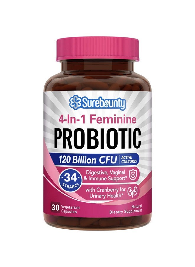 Surebounty بروبيوتيك سورباونتي للنساء، 120 مليار CFU، 34 سلالة، بروبيوتيك، إنزيمات هضمية، توت بري، بروبيوتيك نسائي 4 في 1، دعم هضمي، مهبلي، مناعي، 30 حبة - Image 1