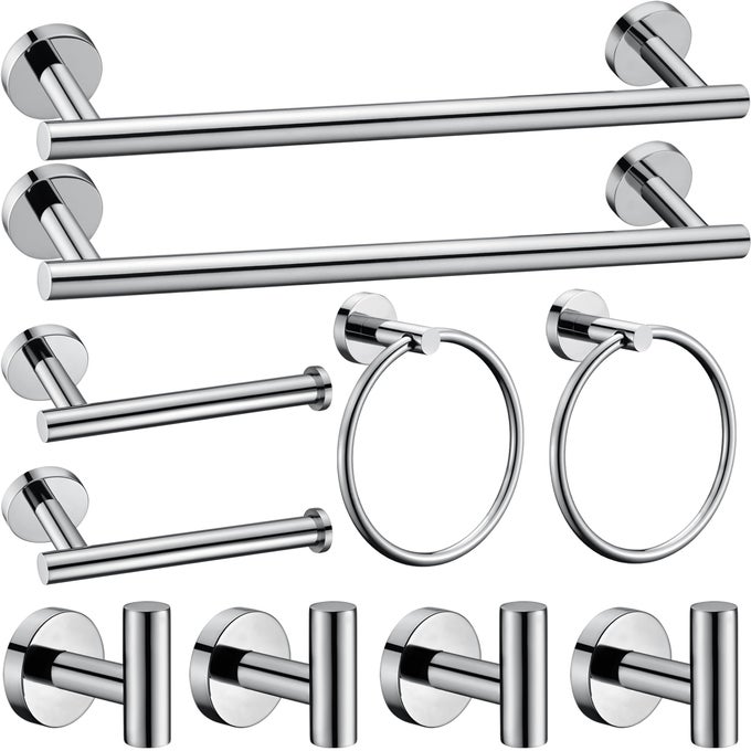 10 PIECES POLISHED CHROME BATHROOM HARDWARE ACCESSORIES SETHAND TOWEL RING16 INCH TOWEL BARTOILET PAPER HOLDER4PCSTOWEL HOOKSROUND SUS304 STAINLESS STEEL HEAVY DUTY WALL MOUNT HOLDERTOWEL RACK