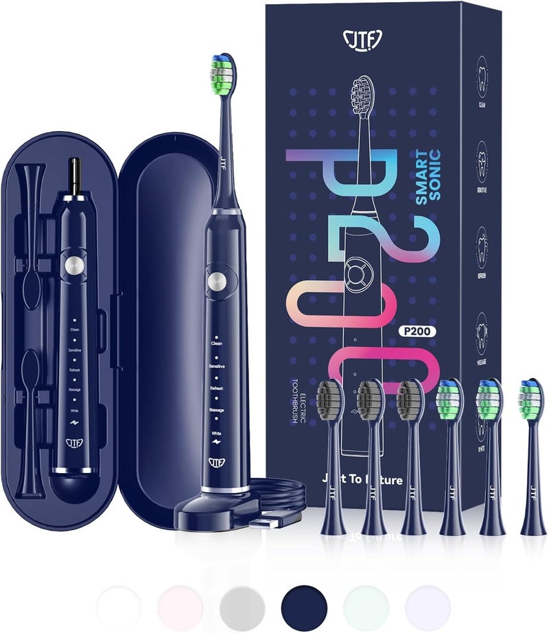 JTF Sonic Eletric Toothbrushes Adults, Rechargeable Electronic Toothbrush with Travel Case,5 Option Modes, 6 Replacement Brush Heads, 12 Hour Charging for 90 Days Using(P200-Blue) - Image 1