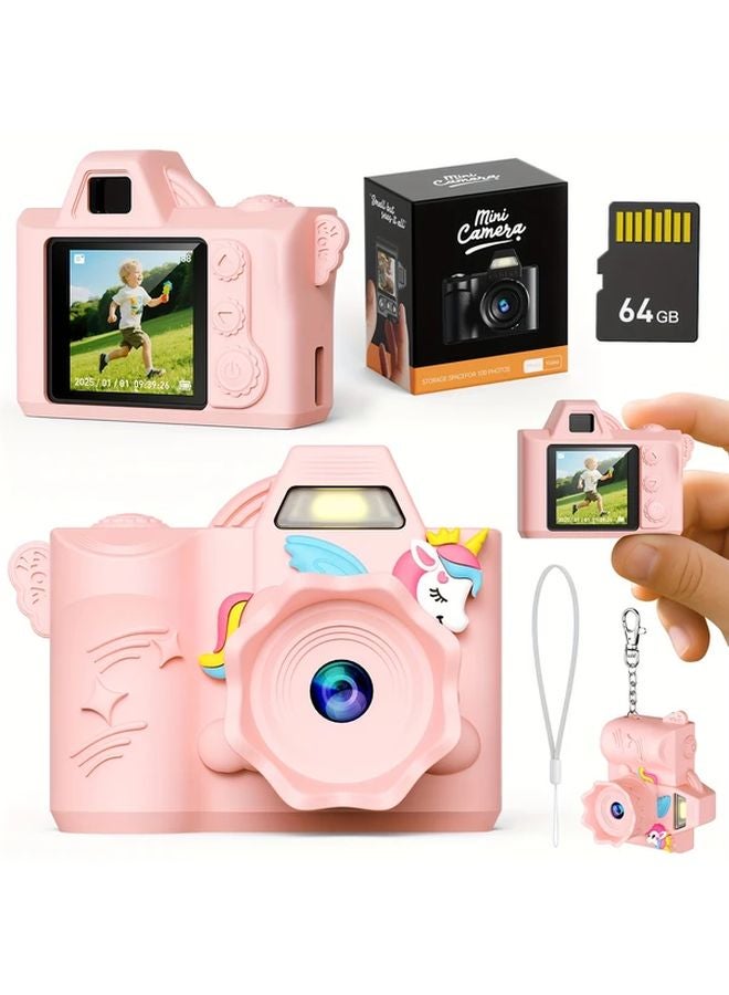 Pink RIVGOT Mini Keychain Camera 1080P LCD Screen 64GB Card Travel Gift - Image 1