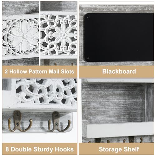 Dhmkfly Mail Organizer Wall Mounted, 2 Slots Key Holder for Wall with 8 Hooks, Rustic Wood Key Rack with Shelf for Entryway Hallwall Farmhouse - Image 2