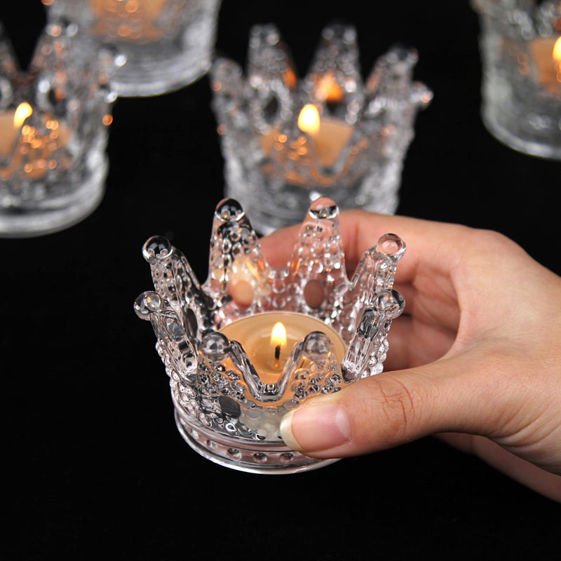 Vixdonos Clear Votive Candle Holders Set of 6 Crown Glass Tealight Candle Holder for Wedding Party and Home Decor