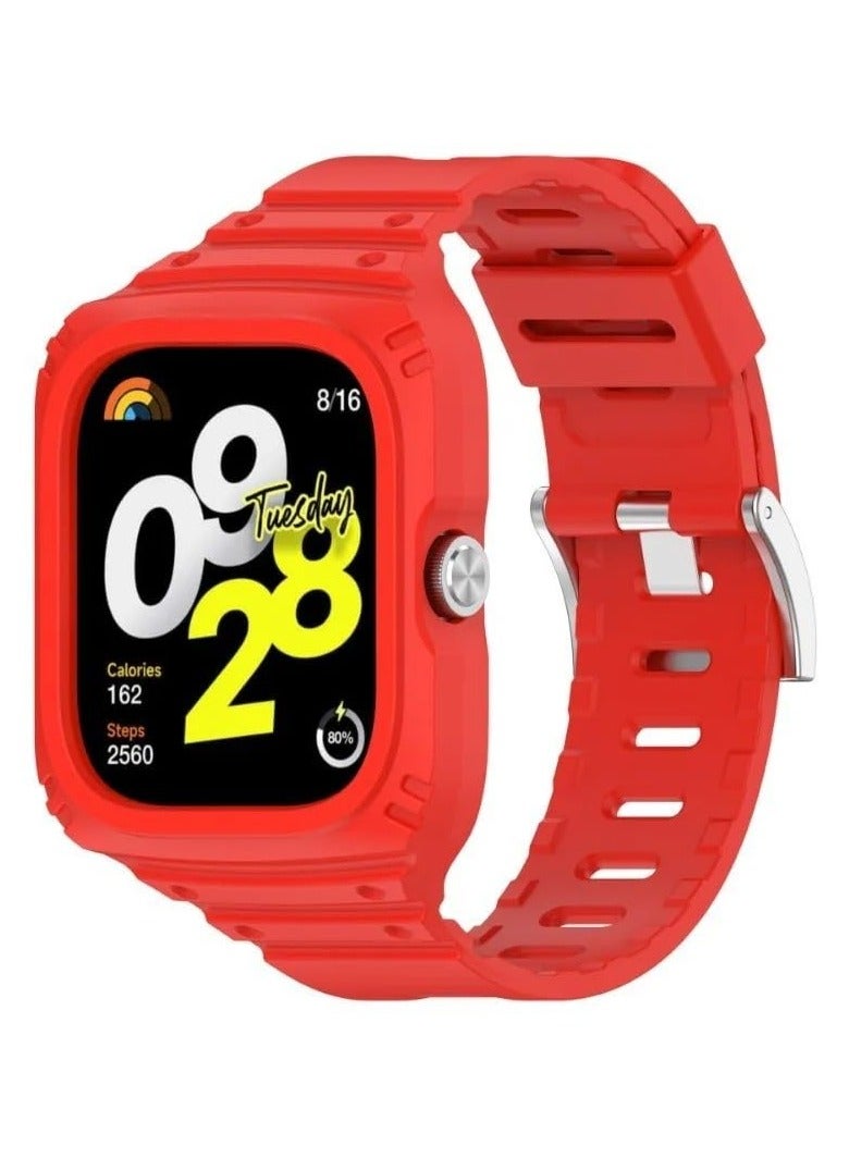 Strap With Cover Compatible with Xiaomi Redmi Watch 4, Silicone Sport Band Replacement Watchband with Bumper Case, Adjustable Wristband (Red)