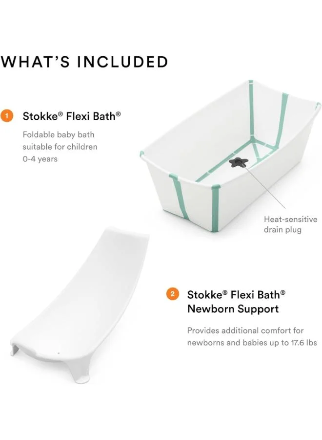 STOKKE Flexi - Bath Tub Set, White Aqua Foldable And Anti - Slip Kids Bathing Tub, With New - Born Support And Heat - Sensitive Drain Plug