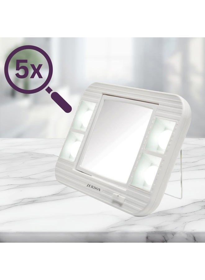 Jerdon Two-Sided Makeup Mirror with Lights - Vanity Mirror with 5X Magnification & Two Setting Glare-Free Lighting - White Base - Model J1015 - Image 4