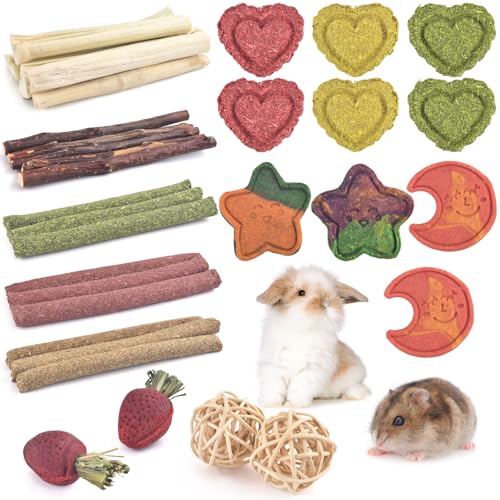 ERKOON 33PCS Bunny Chew Toys for Rabbits Teeth Natural Rabbit Toys Apple Wood Sticks Carrot Timothy Grass Treats for Small Pets Hamster Chinchilla Guinea Pig Dental Care and Treat Teething Toys - Image 1