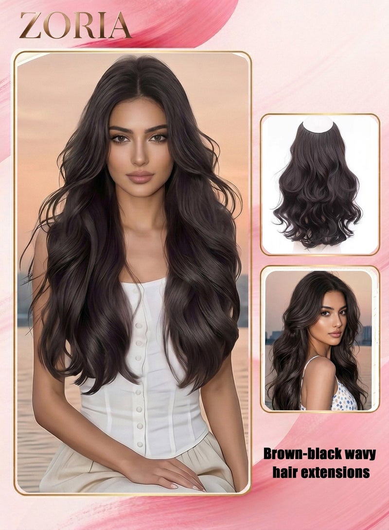 زوريا وصلات شعر مموجة بلون بني داكن للنساء، 50 سم، قطعة شعر غير مرئية بزاوية 360 درجة، وصلة شعر صناعية مموجة كبيرة مع مشابك صغيرة، ألياف ناعمة مقاومة للحرارة للاستخدام اليومي وتصفيف الشعر في الحفلات - Image 1