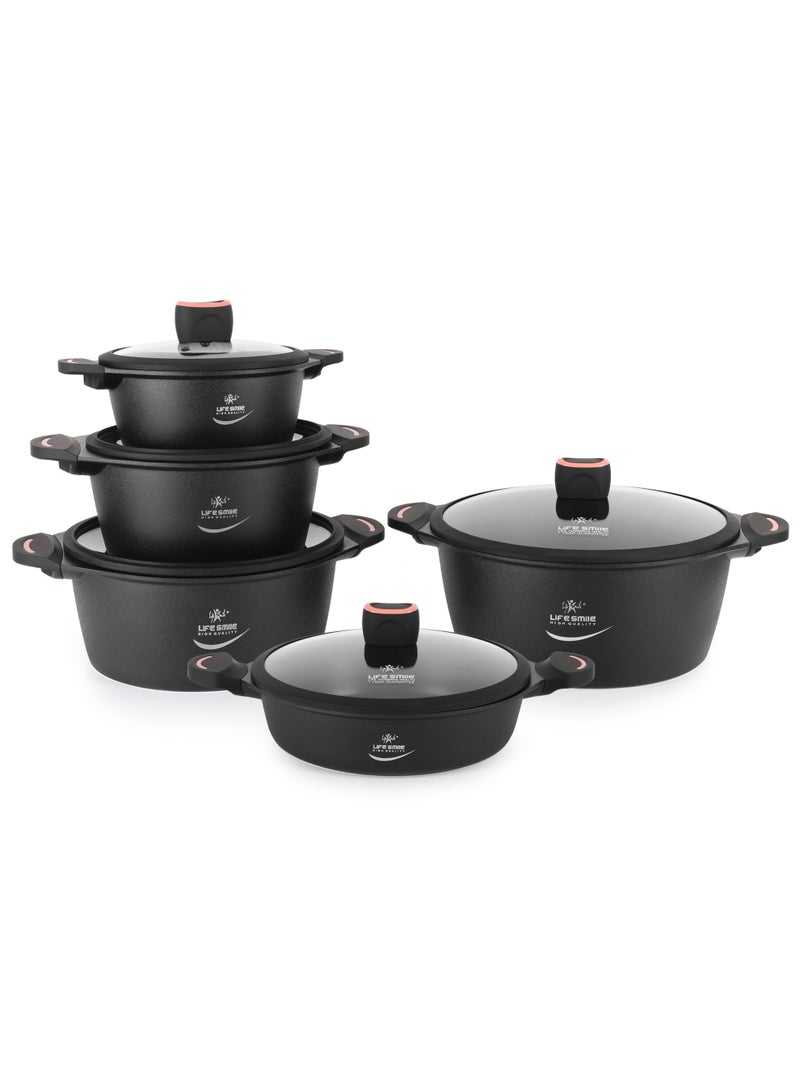 Life Smile 10Pcs Non-Stick Cookware Sets-Titanium Coating Cookwares, Cooking Set Non-Stick Includes 20/24/28/32cm Casserole with Lid, 32cm Shallow Pot with lid,Oven Safe Aluminium Pots Set - Image 1