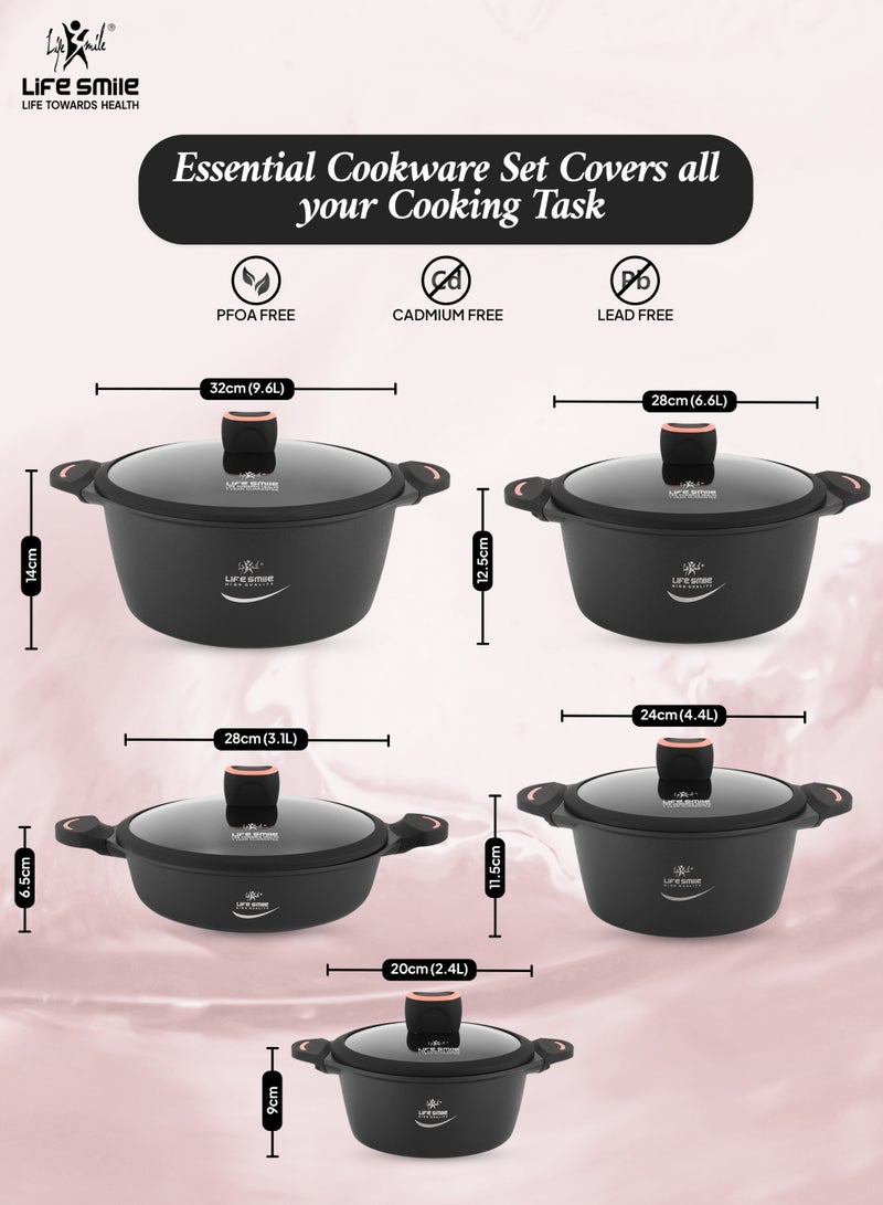 Life Smile 10Pcs Non-Stick Cookware Sets-Titanium Coating Cookwares, Cooking Set Non-Stick Includes 20/24/28/32cm Casserole with Lid, 32cm Shallow Pot with lid,Oven Safe Aluminium Pots Set - Image 3