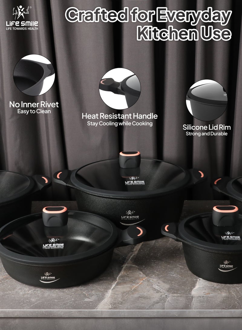 Life Smile 10Pcs Non-Stick Cookware Sets-Titanium Coating Cookwares, Cooking Set Non-Stick Includes 20/24/28/32cm Casserole with Lid, 32cm Shallow Pot with lid,Oven Safe Aluminium Pots Set - Image 5