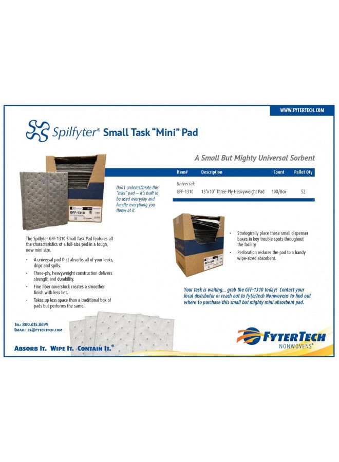 Spilfyter Evolution Sorbent Products XMBGPF1310 Spilfyter Polypropylene Extra Heavy Absorbent Pad, 12 Gal Capacity, 13" Length, 10" Width, Gray, Pack of 100 