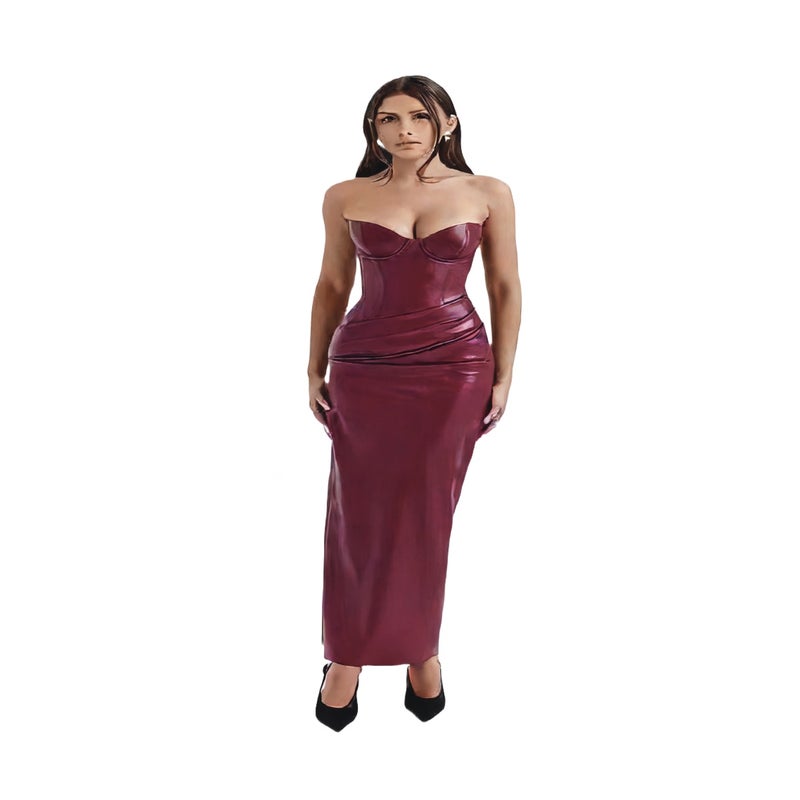 Leather Bodycon Dress with Side Slit, Backless Lace-Up Midi Evening Gown - Image 1