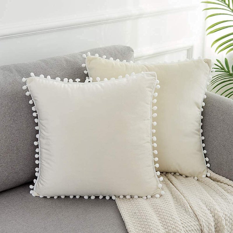 CottonFry Set of 2 Cushion Covers/Throw Pillow Covers Size 16"X16" Inches with Pom Poms, Soft Square Velvet Pillowcases Home Decor (Cream, Pack of 2) - Image 4