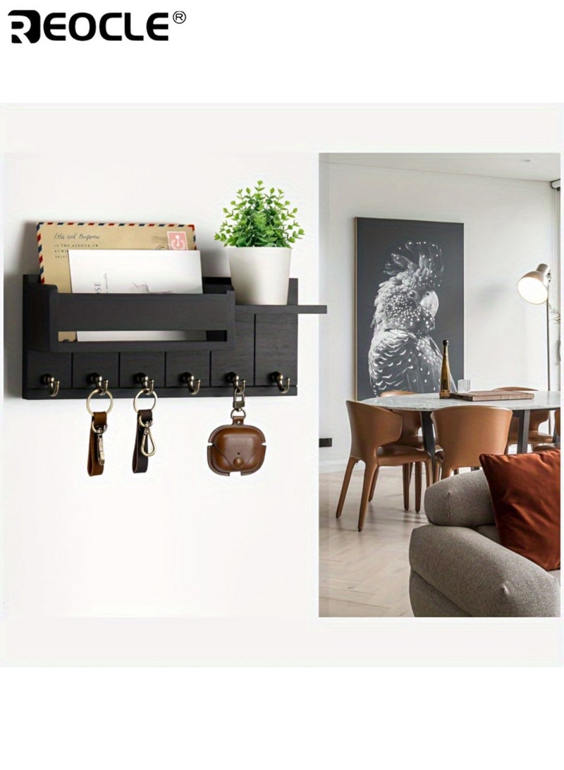 ريوكل حامل مفاتيح حائطي بستة خطافات مفاتيح، بتصميم منظم للبريد، ورف خشبي للمفاتيح مع رف، مناسب لديكور مدخل غرفة المعيشة. - Image 5