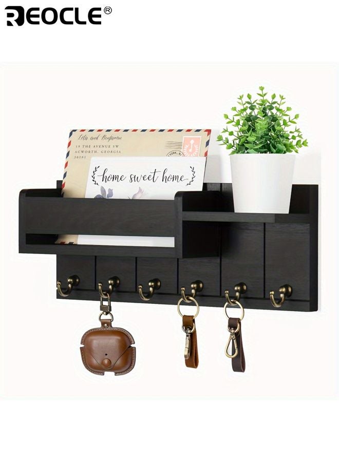 ريوكل حامل مفاتيح حائطي بستة خطافات مفاتيح، بتصميم منظم للبريد، ورف خشبي للمفاتيح مع رف، مناسب لديكور مدخل غرفة المعيشة. - Image 1