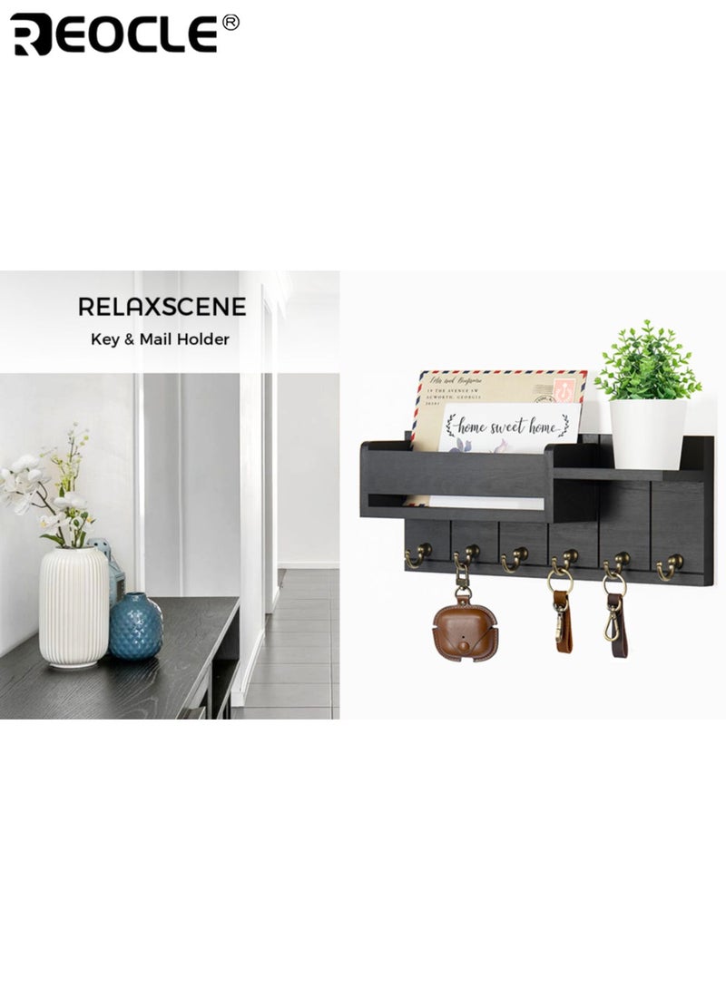 ريوكل حامل مفاتيح حائطي بستة خطافات مفاتيح، بتصميم منظم للبريد، ورف خشبي للمفاتيح مع رف، مناسب لديكور مدخل غرفة المعيشة. - Image 4