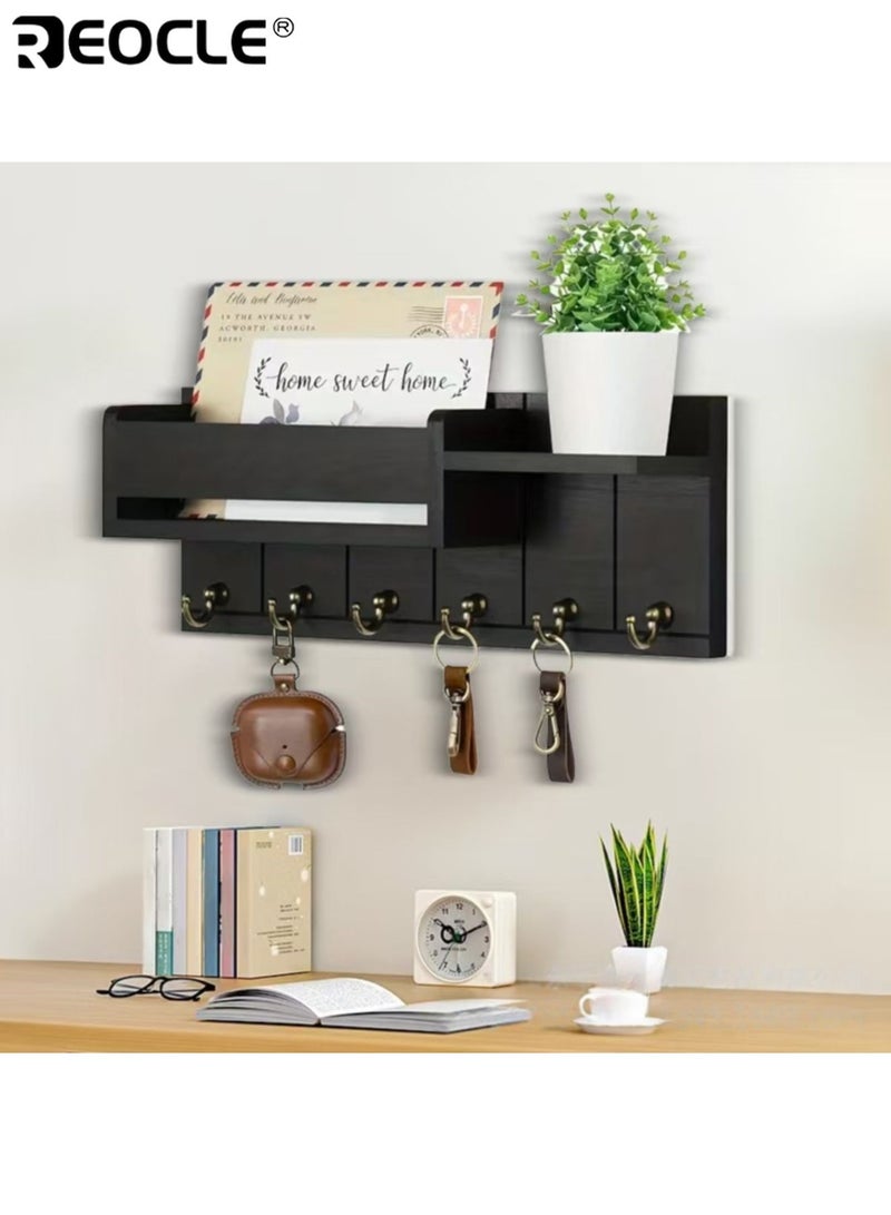 ريوكل حامل مفاتيح حائطي بستة خطافات مفاتيح، بتصميم منظم للبريد، ورف خشبي للمفاتيح مع رف، مناسب لديكور مدخل غرفة المعيشة. - Image 2