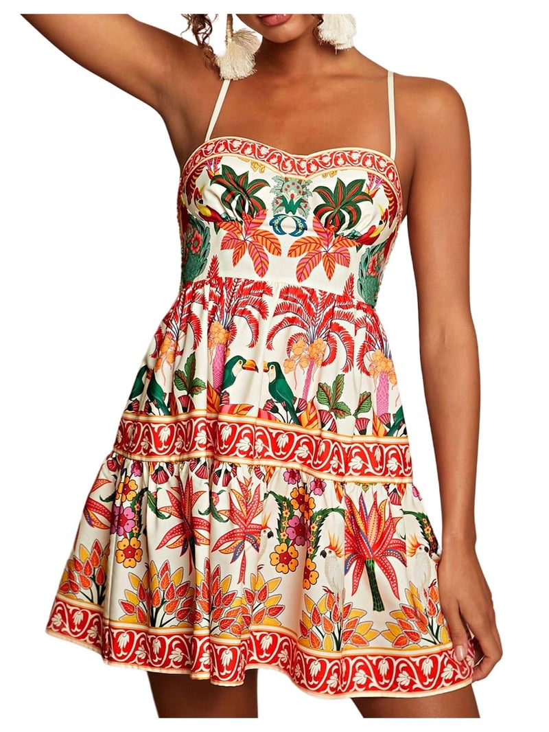 Floerns Women's Floral Summer Mini Dress Spaghetti Strap Vintage Tiered Ruffle Holiday Beach Dresses Beige Multi Small - Image 4