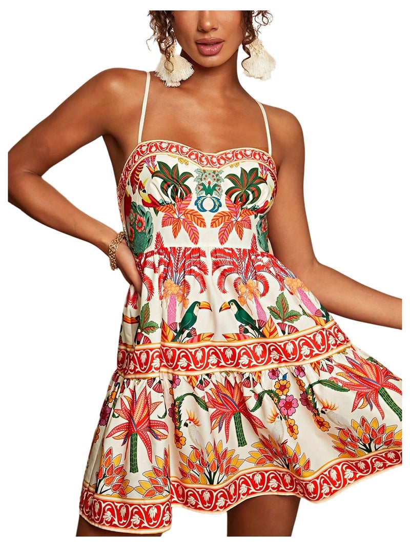 Floerns Women's Floral Summer Mini Dress Spaghetti Strap Vintage Tiered Ruffle Holiday Beach Dresses Beige Multi Small - Image 1