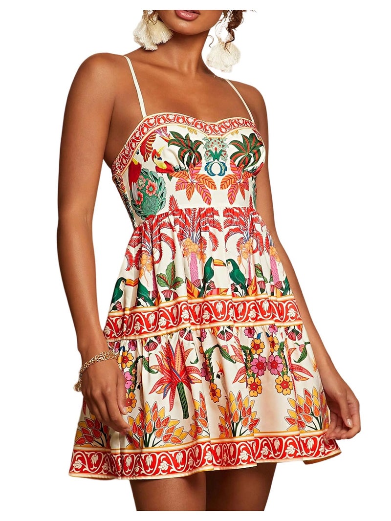 Floerns Women's Floral Summer Mini Dress Spaghetti Strap Vintage Tiered Ruffle Holiday Beach Dresses Beige Multi Small - Image 5