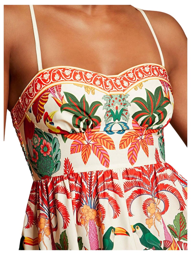 Floerns Women's Floral Summer Mini Dress Spaghetti Strap Vintage Tiered Ruffle Holiday Beach Dresses Beige Multi Small - Image 3