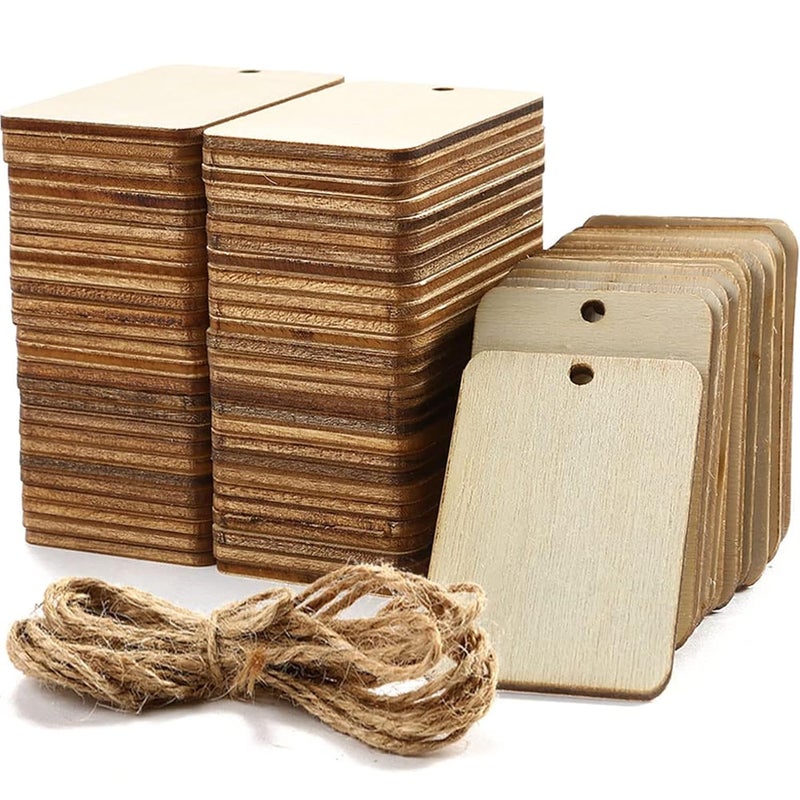 Unfinished Wood Pieces Rectangle Shaped Wooden Tag with Hole Craft Decorative Tags Wooden Labels Wooden Gift Tags Wooden CutOut Natural Rustic with Hemp Rope 75