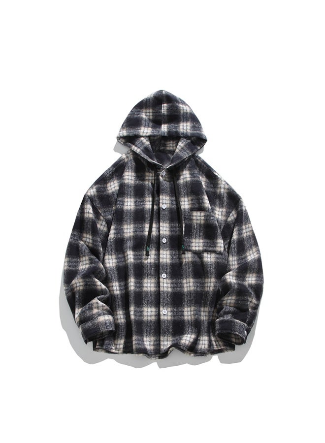 Dingfengbaoluo Hooded Plaid Shirt Spring Casual Loose Long Sleeve Trendy American Vintage Men's Jacket Eno01 Black M - Image 5