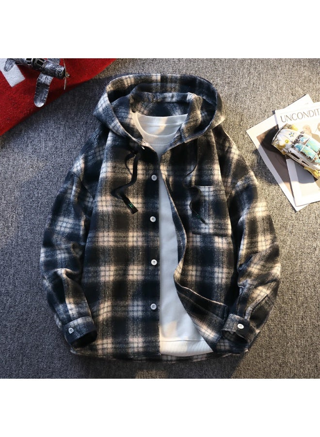 Dingfengbaoluo Hooded Plaid Shirt Spring Casual Loose Long Sleeve Trendy American Vintage Men's Jacket Eno01 Black M - Image 3