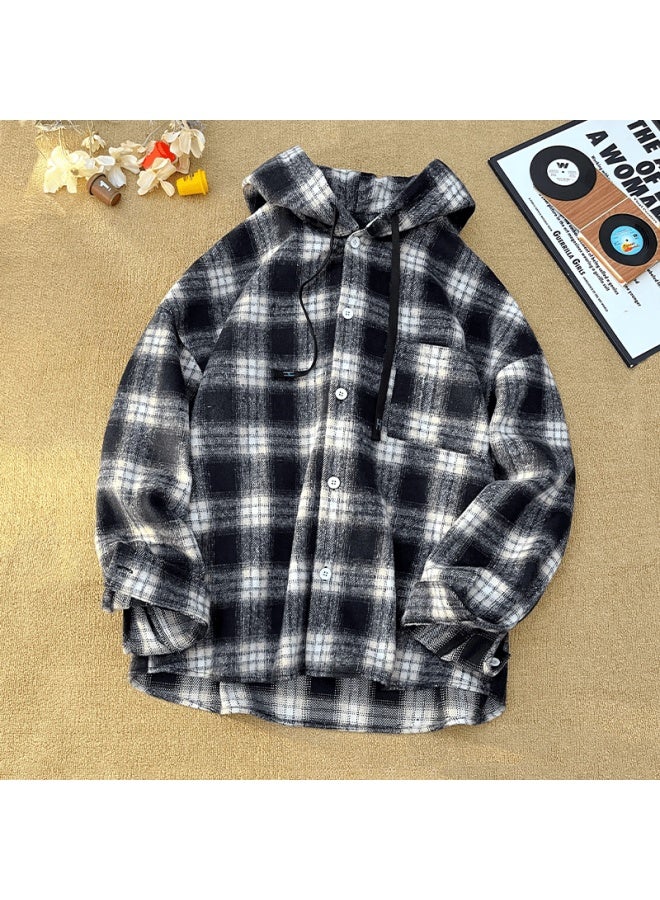 Dingfengbaoluo Hooded Plaid Shirt Spring Casual Loose Long Sleeve Trendy American Vintage Men's Jacket Eno01 Black M - Image 4