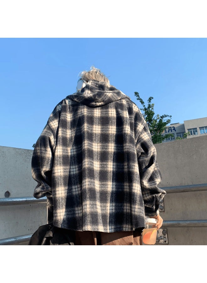 Dingfengbaoluo Hooded Plaid Shirt Spring Casual Loose Long Sleeve Trendy American Vintage Men's Jacket Eno01 Black M - Image 2