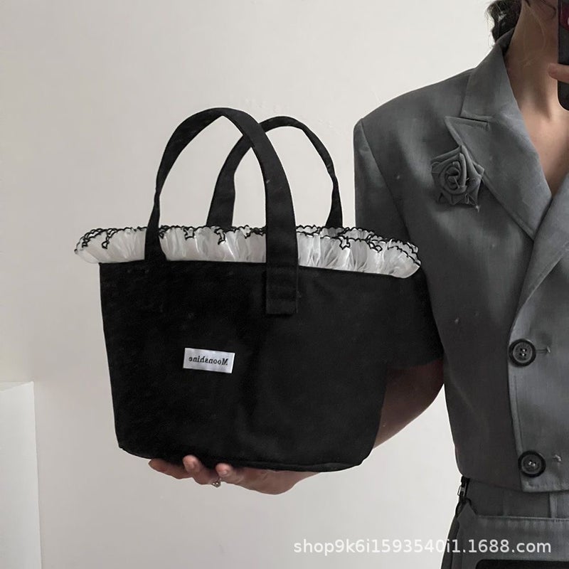 Women's Black Lace-Trimmed Canvas Bucket Bag Large Capacity - Image 2