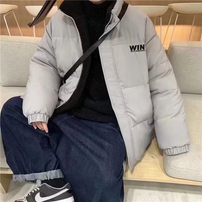 Winter Reversible Sherpa Cotton Jacket Men Casual Loose Warm Coat 202 Gray - Image 4