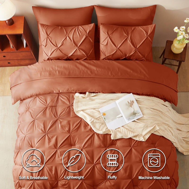 HIMEET Pintuck Bed in a Bag, 7 Pieces Queen Size Comforter Set Burnt Orange, Pinch Bed in a Bag, Soft All Season Bedding Sets with Comforter, Flat Sheet, Fitted Sheet and Pillowcases & Shams - Image 2