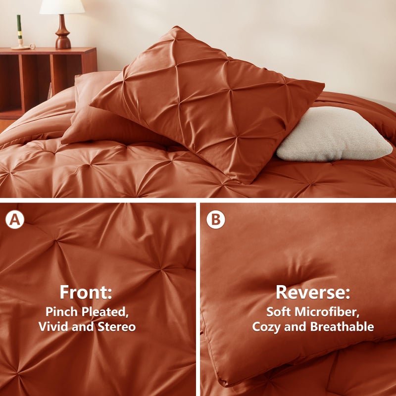 HIMEET Pintuck Bed in a Bag, 7 Pieces Queen Size Comforter Set Burnt Orange, Pinch Bed in a Bag, Soft All Season Bedding Sets with Comforter, Flat Sheet, Fitted Sheet and Pillowcases & Shams - Image 3