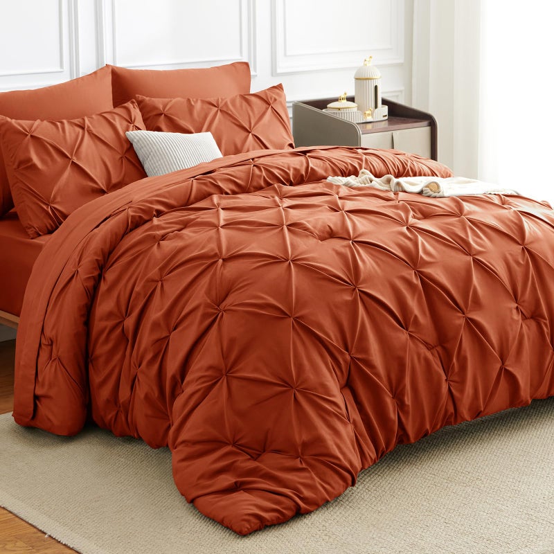 HIMEET Pintuck Bed in a Bag, 7 Pieces Queen Size Comforter Set Burnt Orange, Pinch Bed in a Bag, Soft All Season Bedding Sets with Comforter, Flat Sheet, Fitted Sheet and Pillowcases & Shams - Image 1