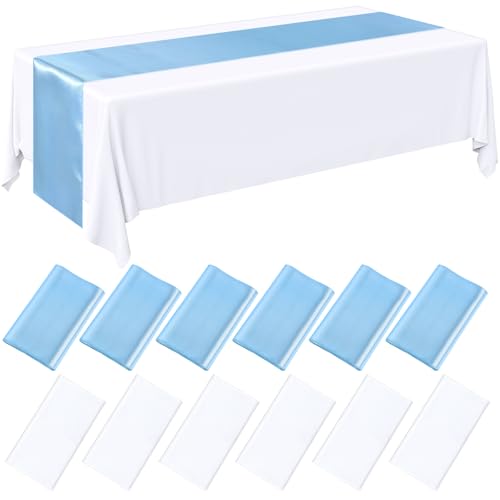 Tudomro 12 Pcs White and Blue Disposable Plastic Tablecloths and Satin Table Runner Set 54 x 108 Inch Tablecloth 12 x 108 Inch Table Runners for Wedding Baby Shower Birthday Party - Image 1